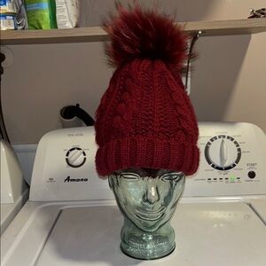 Burgundy ski winter hat lined, with fox fur pompom raspberry beanie